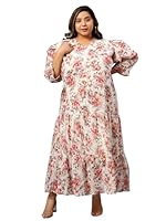 Indietoga Women's Plus Size Georgette Tiered Maxi Dress (P10001488_Red Floral Print_7XL)