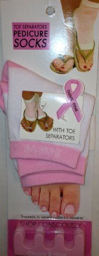 Think Pink - Pink and White Pedicure Socks + Toe Separators Promotes Breast Cancer Awareness