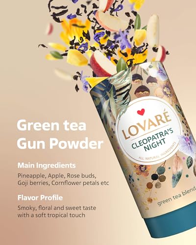 LOVARE Cleopatra’s Night Loose Leaf Tea Sampler 80 g – Made in Ukraine — Green Tea, Pineapple, Apple, Rose Buds and Petals, Calendula, Safflower, and More with 15 Paper Filters