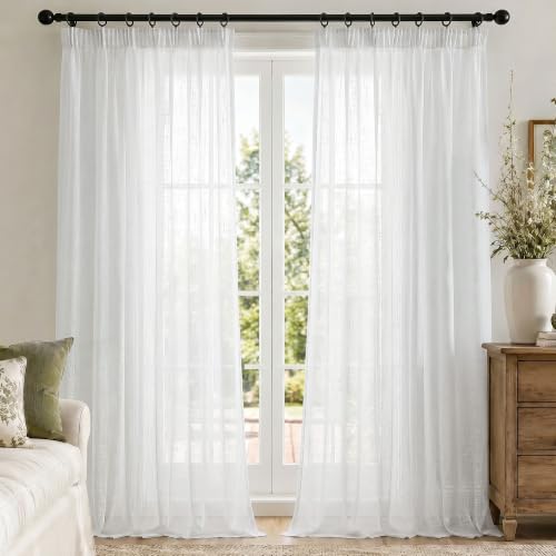 Deconovo Cortinas Translúcidas Blanco para Salón y Dormitorio, Cortinas Modernas 140x215 cm 2 Piezas con Cinta Fruncida, Visillos Efecto Lino, Luz Suave y Acabado Elegante