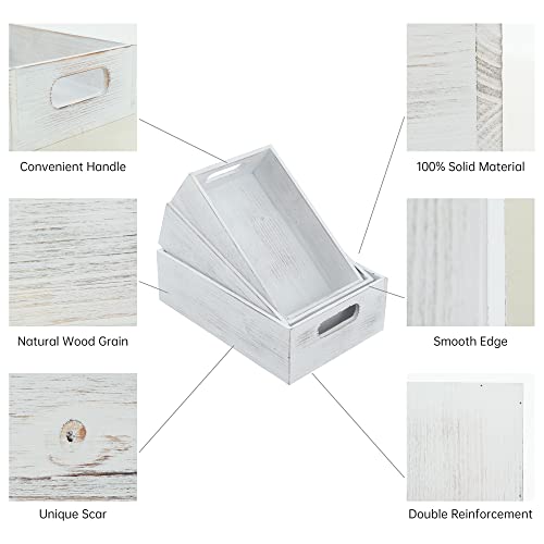 Phoenancee Wooden Crates Stackable Storage Boxes,Rustic Wood Decorative Nesting Crate Set Of 3,Farmhouse Box Container Basket With Handles For Home Display Decoration With Natural Wood Aroma,White #TOP4