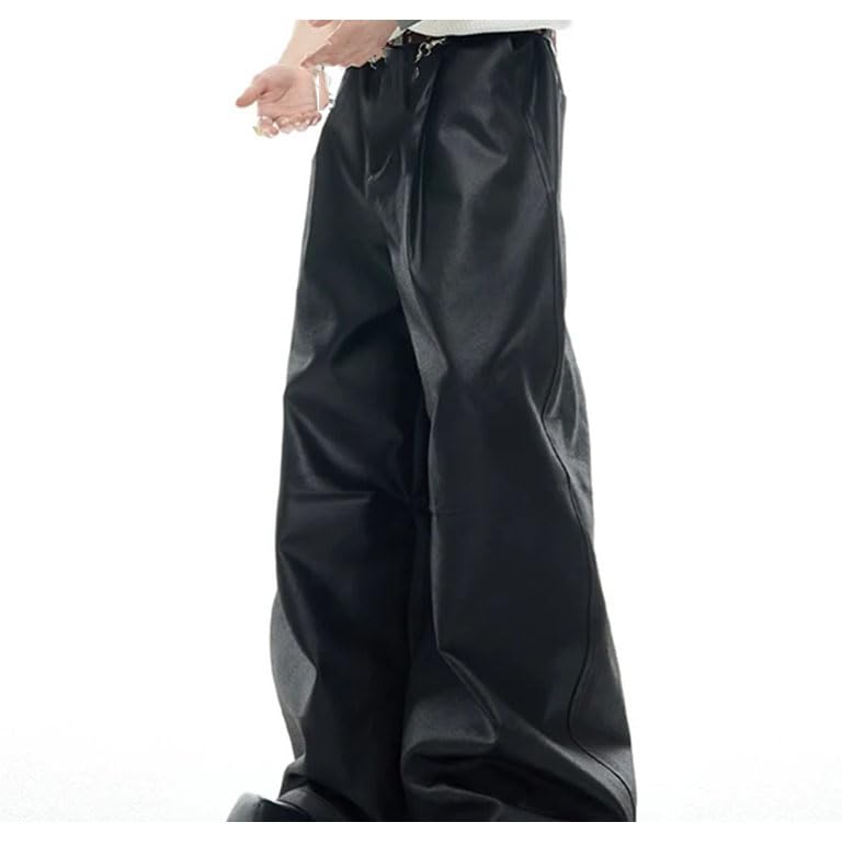 Men's PU Leather Pants Wide Leg Pleated Chain Decoration Streetwear Trousers3