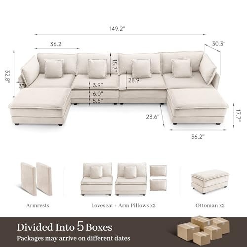 Image of Corduroy Sectional Couch, 4 Seater 149.2 inch U Shaped Cloud Couch with 2 Ottomans, Modular Deep Seat Sofa with Pillows for Living Room, Apartment, Beige