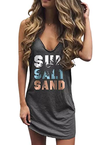 Image of Live Simple Coconut Tree Sleeveless Dress Sunshine Sand Beach Women's Summer Casual V Neck Mini Dress