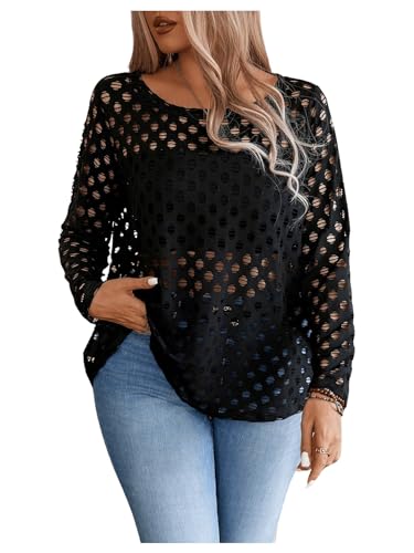 Verdusa Women's Plus Size Hollow Out Sheer Sweaters Long Sleeve Knit Pullovers Tops
