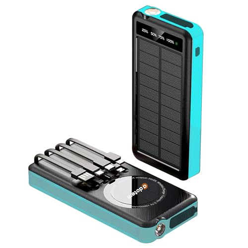 ADOTEM Portable Solar Power Bank with Built-in Cables - 10,000mAh Cell Phone Battery Charger with USB, Micro USB, Lightning, and Type-C Cables, Waterproof Build & Wireless Charging (Black Blue)