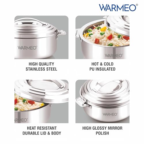 Image of WARMEO Linea Premium Insulated Stainless Steel Casseroles | Easy to Carry Hot Boxes for Kitchen | Hot Food, Easy to Store | Silver | 2000ml