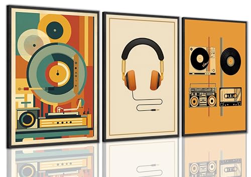 3Pcs Vintage Music Canvas Wall Art MidCentury Modern Vinyl Turntable Painting Picture...
