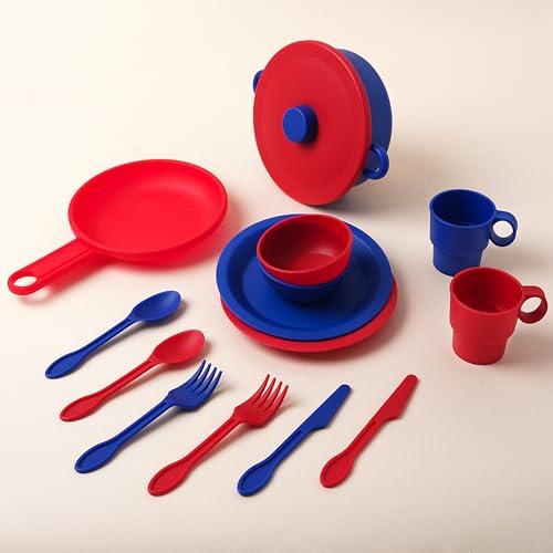 image for KidKraft 27-Piece Primary Colored Cookware Set, Plastic Dishes and Ute