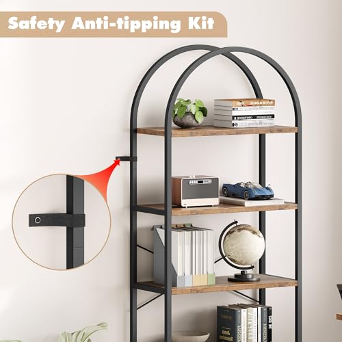 IDEALHOUSE Bookshelf 5 Tier Bookcase Arched Display Racks Tall Standing Bookshelves Metal Frame Modern Storage Rack Shelf Large Wood Book Shelf for Bedroom, Living Room, Home Office (Rustic Brown)