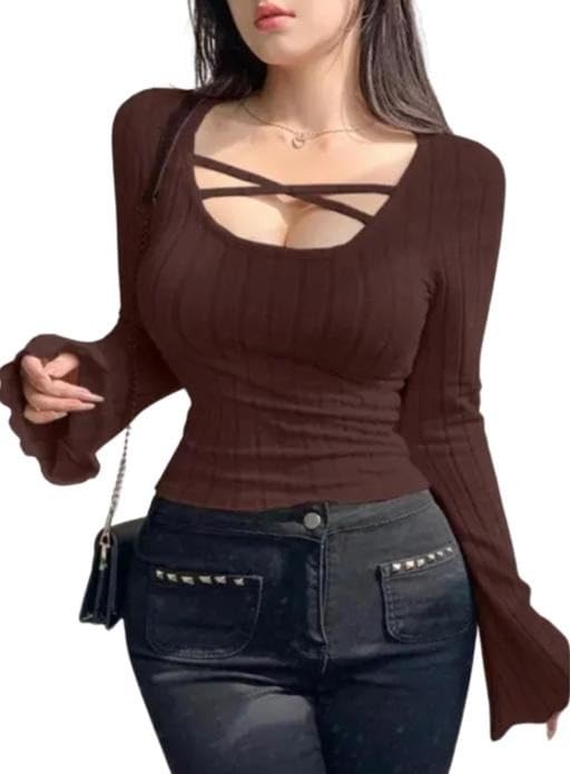 Image of Women Slim Fit Long Flare Sleeve Ribbed Knit Criss Cross Cut Out Casual Fashion Top Trendy Daily Outfit for Girls and Women