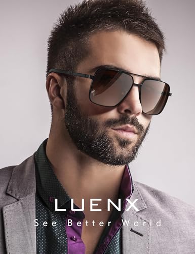 Image of LUENX Polarized Square Aviator Sunglasses for Men,Trendy Retro Oversized Rectangular Frame UV400 Protection