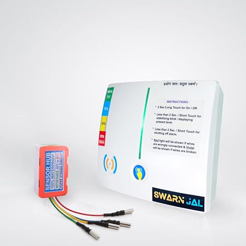Swarn Jal (Model: A-SE) with Dual Alarm Water Tank Overflow and Empty Alarm with 4 Level Indicator (Patented Technology),Cell Powered, Shock Proof, Single Pair Wire Transmission
