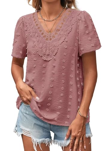Falechay Going Out Tops for Women V Neck Summer Blouse Short Sleeve Tunic Tops Pink Peasant Flowy Shirts Dot Babydoll Lace Tassel Swiss Boho Work Fashion 2026 Ruffle Spring Clothing M