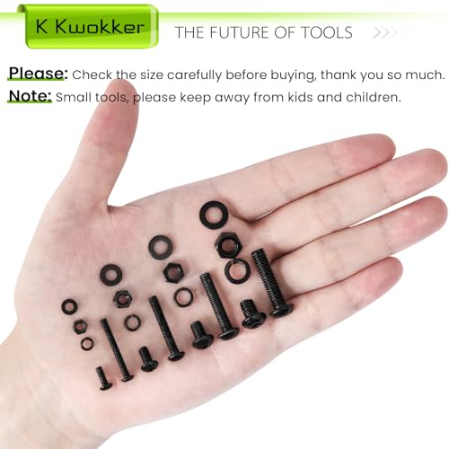 K Kwokker 1160Pcs M3 M4 M5 M6 Nuts and Bolts Assortment Kit 20 Size 8MM to 25MM Upgraded Zinc Plated Hex Button Head Cap Metric Machine Screws, 12.9 Alloy Steel Bolts and Nuts Kit with Lock Washers