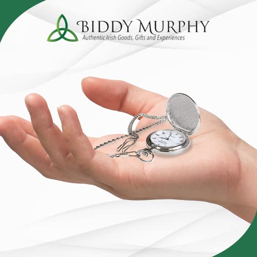 Image of Biddy Murphy Pocket Watch for Men, Traditional Irish Claddagh Pewter Cover, Stainless Steel Case, Classic Mechanical Hand Wind Up with Chain