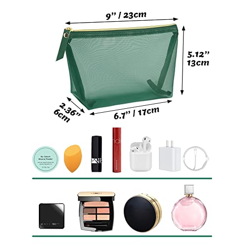 Besharppin 3Pcs Mesh Cosmetic Bags, Nylon Makeup Pouches With Leather Pull And Golden Zipper For Purse Diaper Bag (Emerald Green) #TOP3