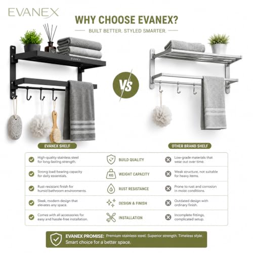 Image of EVANEX Towel Rack for Bathroom 304 Stainless Steel Towel Holder 24 Inch Folding Towel Rack with Shelf Wall Mounted Chrome Finish Black Bathroom Organizer, Bathroom Accessories Set