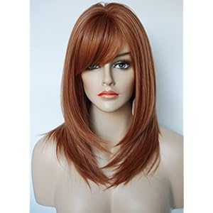 Women brown red shoulder length wigg auburn wig medium length Layered wig with bangs Synthetic wig for white Women (copper red)