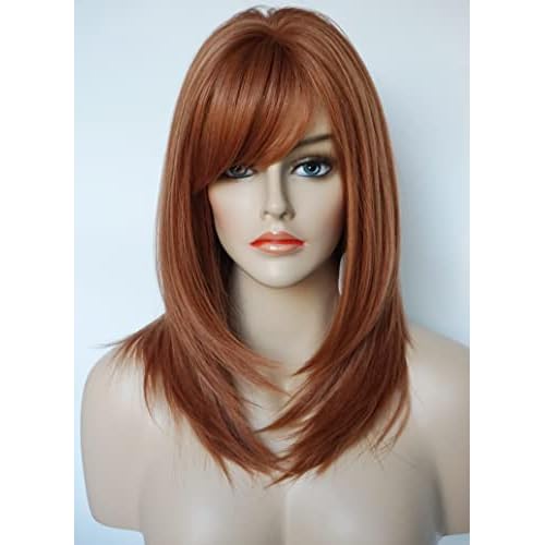 Women brown red shoulder length wigg auburn wig medium length Layered wig with bangs Synthetic wig for white Women (copper red)