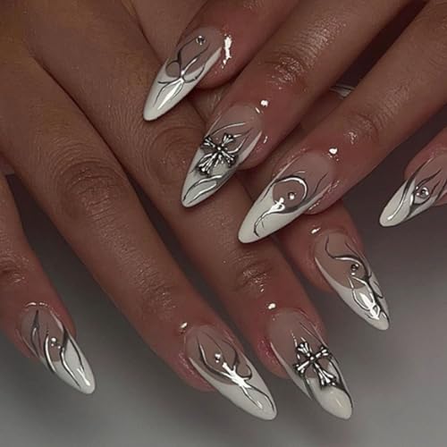 Gothic French Press On Nails with 3D Cross & Punk Fire Tips - Almond Medium Fake Nails 24PCS 12 Sizes ABS Material Glossy White Black Flame Detailing Rhinestone Accents Stick On Kit Accessory Tool