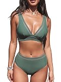 CUPSHE Damen-Bikini-Badeanzüge Badeanzüge 2-teiliges Bikini-Set mit tiefem V-Ausschnitt, mittlerer Taille, rückenfrei, M, grün