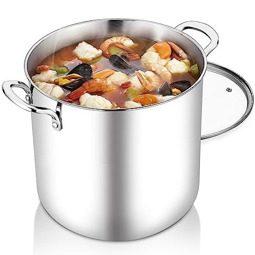 TeamFar 12 Quart Stock Pot, 18/10 Stainless Steel Large Cooking Soup Pot with Lid for Simmering/Stewing, for Induction/Gas/Ceramic, Healthy & Heavy-Duty, Riveted Handles & Dishwasher Safe