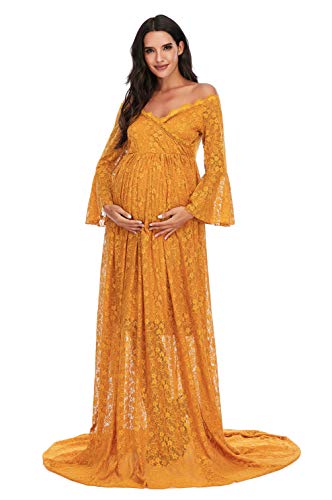 Ziumudy Lace Maternity Floral Off Shoulder Photography Gown Flared Long Sleeve Maxi Photo Shoot Wedding Dress (Mustard Yellow, X-Large) #TOP2
