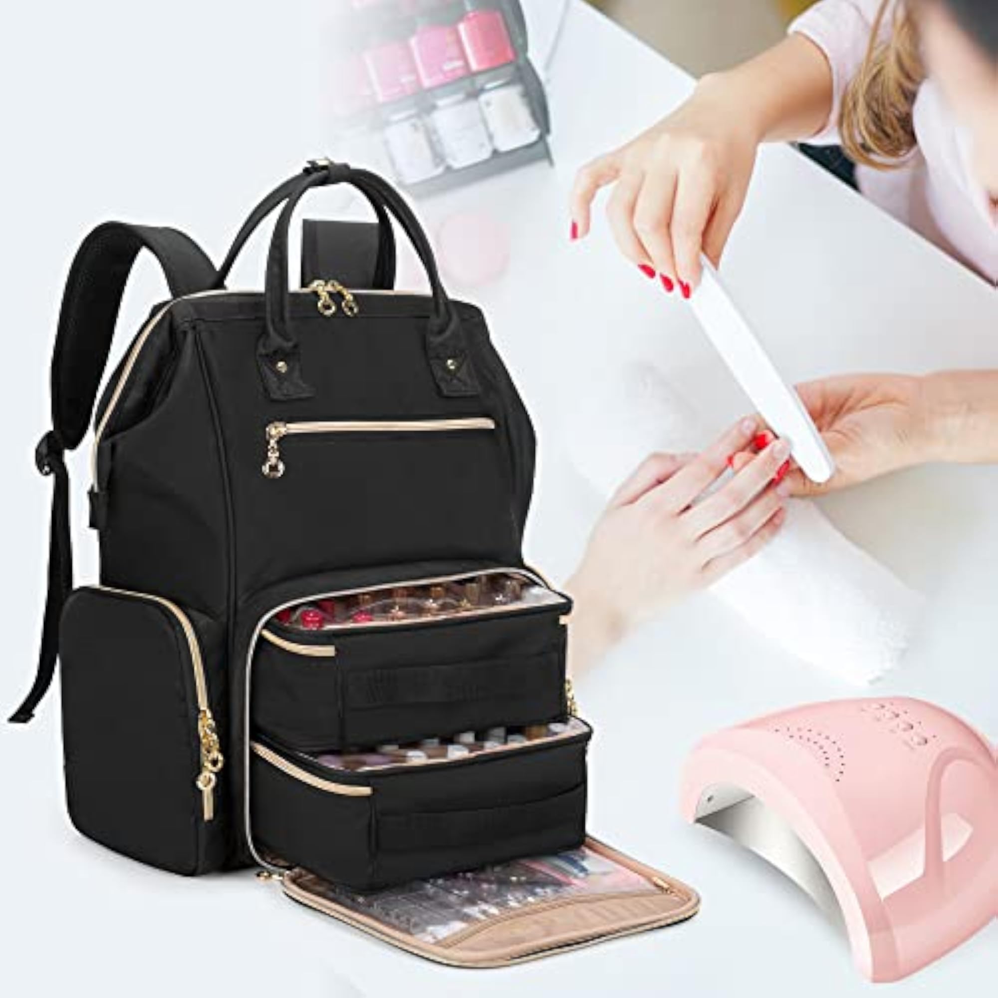 Nail Polish Organizer Backpack with Removable Pouches