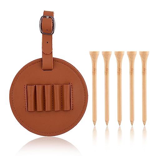 Etiquetas para bolsa de golf de cuero marrón con soporte de tees y almacenamiento