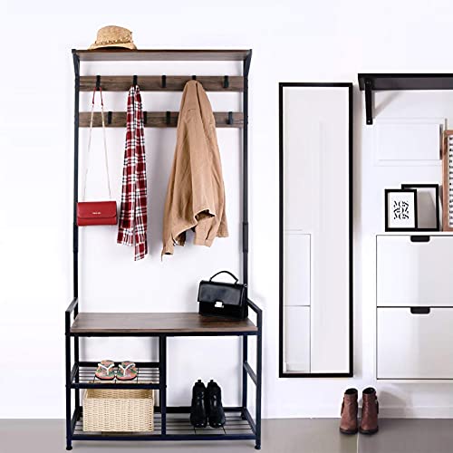 Homekoko Coat Rack Shoe Bench, Hall Tree Entryway Bench With Storage, Wood Look Accent Furniture With Metal Frame, 3-In-1 Design (Dark Brown) #TOP1