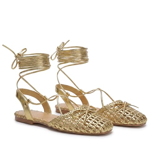 Image of Woven Ballet Flats for Women Lace Up Closed Square Toe Summer Sandals Dressy Shoes