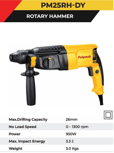 Image of 950W Rotary Hammer Drill | 26 mm | Heavy-Duty Drilling & Chiseling Tool | 1300 RPM | 3.3 J Impact Energy | Quick-Change System | Lightweight 3 kg | Soft-Grip Handle | 6-Month Warranty | Yellow