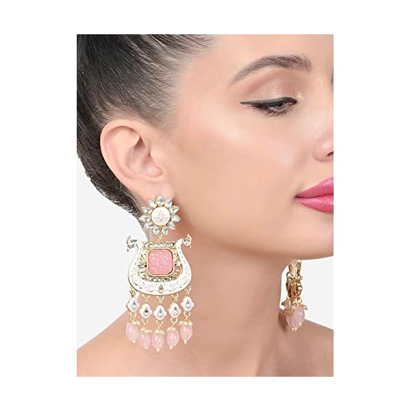 Zaveri Pearls Pink White Meenakari Peacock Inspired Kundan Dangle & Drop Earrings For Women-ZPFK15646 - Image 6