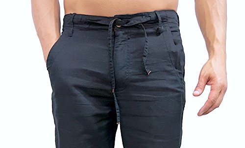 short fin Men's Drawstring Linen Pants (Black34x30 L8022)3