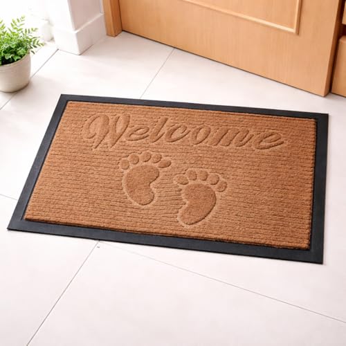 Image of DecorTwist PVC Door Mat 60x40 cm | Heavy Duty Indoor Outdoor Entrance Mat | Anti-Slip Rubber Back | Waterproof Dust & Dirt (Style 4 [ Brown ], Polyester & PVC Door Mat 60 * 40 cm, Pack of 1)
