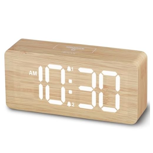 uscce Wooden Digital Alarm Clocks for Bedrooms: Dimmable Dual Alarm Clock with Large Numbers for Bedside Desk - Loud Alarm for Heavy Sleepers with Volume Control - Wood Decor & Gifts