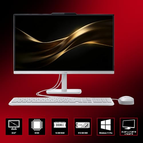 Image of Lenovo 23.8 inch FHD IPS all-in-one desktop computer, Intel N100, 16GB RAM, 512GB SSD, Wi-Fi 6, Windows 11 Pro, white