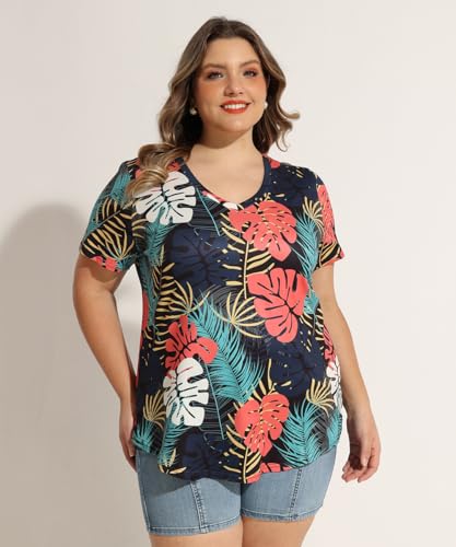 Image of RITERA Women Plus Size Tops Tie Dye V Neck Shirt Floral Camo Summer Short Sleeve Tunic Oversized Ladies Blouse XL-5XL