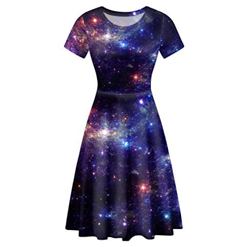 HUGS IDEA Elegant Womens Short Sleeve Summer Dress Casual Roune Neck Plus Size Galaxy Space Design Skirts Cover