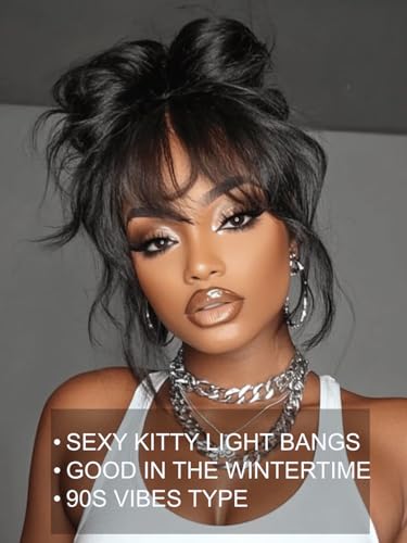 Image of Beauty Forever 13x4 Pre Everything Lace Frontal Glueless Wigs Human Hair Pre Plucked Pre Cut Black Fluffy Natural Loose Wave Curtain Bangs Wig Ready to Wear Wig for Women 150% Density 16 Inch