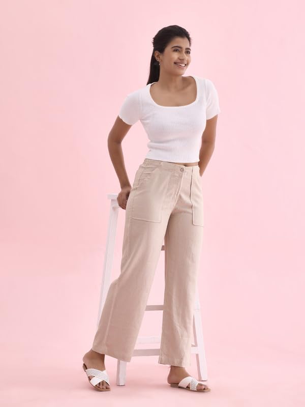 Image of GO COLORS Solid Linen Cargo Pants for Women | Full Length, Mid Rise, Side Pockets