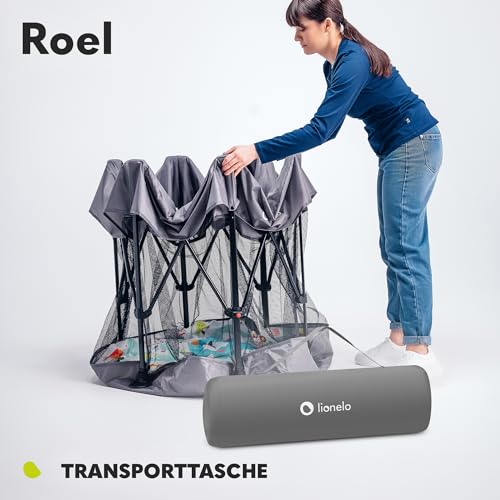 LIONELO Roel Laufstall Baby bis zu 15 kg, Großformat 118 x 118 x 83 cm, sechseckige Form, LockGuard Faltschloss, verstärkte Basis, rutschfeste Fußkappen, Schutztasche (Grau)