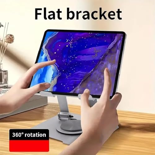 Image of Tablet Stand Holder for iPad, Galaxy, Legion Tab 4-10 Inch Tablet | Silver | 360 Rotating Foldable Metal Desk Holder, Adjustable Viewing Angle, Compatible with Galaxy Tab, Kindle & Mobile