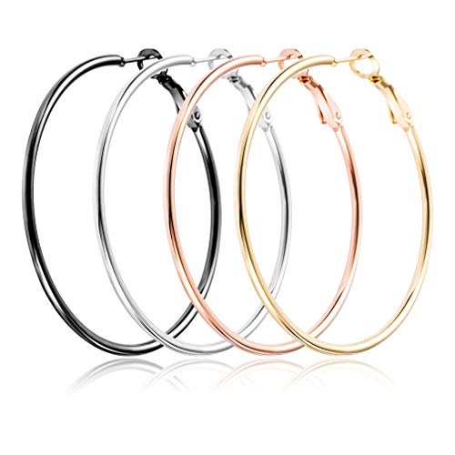4 Pairs Upgrade Big Hoop Earrings,Medical Titanium Steel Hoop Earrings 18K Gold Plated Rose Gold Plated Silver for Women Girls Sensitive Ears(4 Colors Set) (40mm)