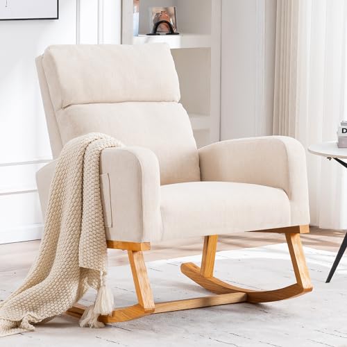 HOMYKA Rocking Chair Nursery, Upholstered Nursing Rocker Chair for Mom with High Backrest and Side Pockets for Bedroom Living Room, Beige