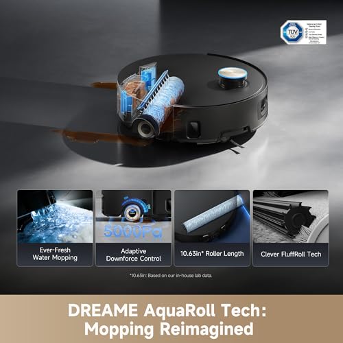 Image of DREAME Aqua10 Ultra Roller Complete Robot Vacuum and Mop & 30,000Pa Suction, Self-Cleaning Dock & Extending Roller Mop, Heat-Washes & Dries, Carpet Protection, AI Camera & LiDAR Avoidance Tech (Black)