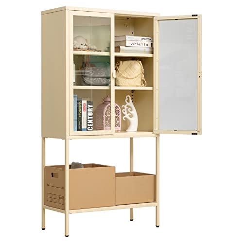 Alimorden Metal Storage Cabinet, 59"(H) X30(L), Freestanding Pantry Locker, Accent Display Bookcase With Glass Doors, Modern Organizer Cupboard For Office, Living Room, Kitchen Sideboard, Beige #TOP29