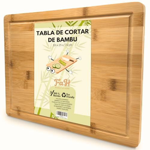 Tabla de Cortar Profesional de Bambú para Cocina, 33x25x1.5cm, Tabla de Tamaño Medio en Madera Natural Antibacteriana Ideal para Cortar Carne, Quesos, Pan, Aperitivos