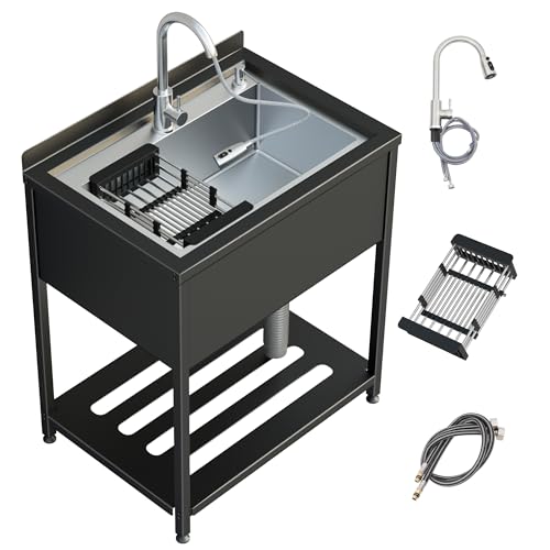 30inch Stainless Steel Utility Sink, Commercial Kitchen Single Bowl Sink with Cold and Hot Water Faucet,Hoses and Drain Kit,Stainless Utility Sink for Kitchens, Bathrooms, Garage, Laundry Room